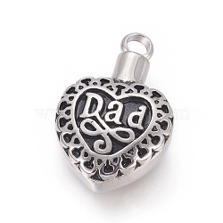 Retro 304 Stainless Steel Pendants, Perfume Bottle, Heart with Word Dad, Antique Silver, 32x20x10mm, Hole: 4mm(STAS-L237-10AS)