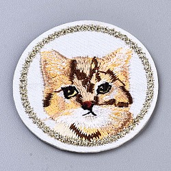 Round with Cat Appliques, Computerized Embroidery Cloth Iron on/Sew on Patches, Costume Accessories, White, 42x2mm(DIY-S041-025)