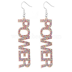 Bling Acrylic Word Power Dangle Earrings, Platinum Plated Iron Feminism Jewelry for Women, Colorful, 90x17x2.5mm(GIPO-PW0001-017N)