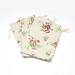 Polycotton(Polyester Cotton) Packing Pouches Drawstring Bags, with Printed Flower, Wheat, 14x10cm(X-ABAG-T004-10x14-10)
