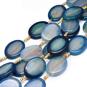 Natural Banded Agate/Striped Agate Beads Strands, Dyed & Heated, Oval, Cadet Blue, 36~38x28~30x5~7mm, Hole: 1.8mm, about 8pcs/Strand, 15.35 inch(39cm)