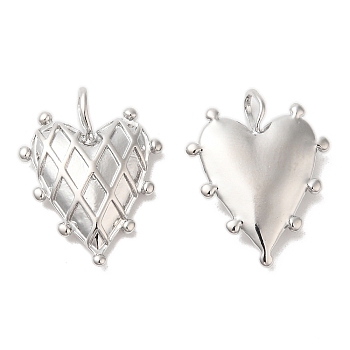 Brass Pendants, Heart with Rhombus Pattern Charm, Real Platinum Plated, 19x14x4mm, Hole: 2x3.4mm