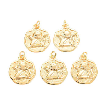 Rack Plating Brass Pendants, with Jump Rings, Nickel Free, Angel, Real 18K Gold Plated, 22x19x1.5mm, Jump Ring: 5x1mm, 3mm