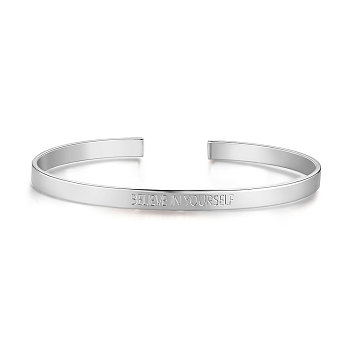 SHEGRACE Brass Inspirational Cuff Bangles, with Word Believe In Yourself, Platinum, 2-1/2 inch(6.55cm)