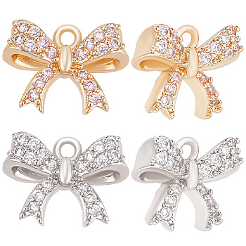 12Pcs 2 Colors Rack Plating Brass Micro Pave Cubic Zirconia Charms, Long-Lasting Plated, Bowknot, Platinum & Light Gold, 10x13x5mm, Hole: 1.2mm, 6pcs/color