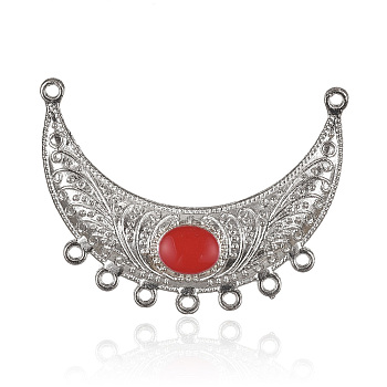 Alloy Enamel Moon Links, Chandelier Components, Platinum, Red, 54x19x3mm, Hole: 2mm