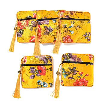 Chinese Style Floral Cloth Jewelry Storage Zipper Pouches, Square Jewelry Gift Case with Tassel, for Bracelets, Earrings, Rings, Random Pattern, Gold, 115x115x7mm