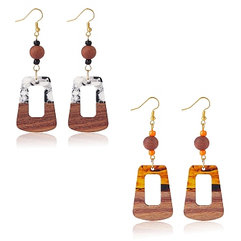 2 Pairs 2 Color Resin & Walnut Wood Trapezoid Dangle Earrings, Brass Long Drop Earrings for Women, Mixed Color, 85mm, Pin: 0.8mm, 1 Pair/color