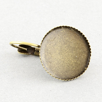 Brass Leverback Earring Findings, with Flat Round Tray, Antique Bronze, Tray: 14mm, 25x15mm, Pin: 0.8mm