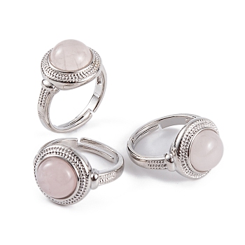 Natural Rose Quartz Round Adjustable Rings, Platinum Plated Brass Finger Rings for Women Men, Inner Diameter: 18mm