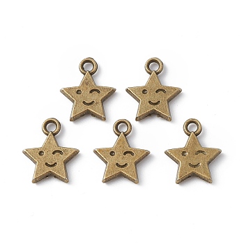 Alloy Charms, Star with Smiling Face Charm, Antique Bronze, 14x12x2.5mm, Hole: 1.8mm