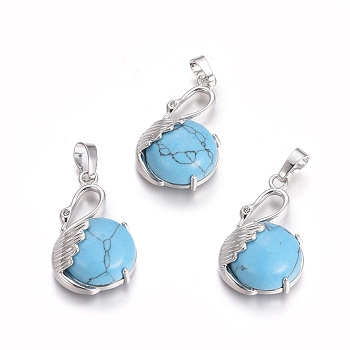 Synthetic Turquoise Pendants, with Platinum Tone Brass Findings, Swan, 30.8x18.8x8.5mm, Hole: 7x5mm