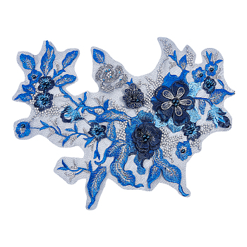 3D Flower Organgza Polyester Embroidery Ornament Accessories, Applique Patch, Sewing Craft Decoration, with Imitation Pearl Beads, Blue, 350x290x1.5~6mm