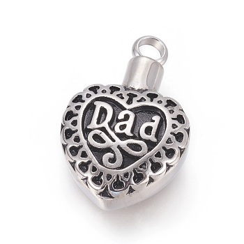 Retro 304 Stainless Steel Pendants, Perfume Bottle, Heart with Word Dad, Antique Silver, 32x20x10mm, Hole: 4mm
