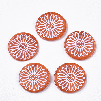 Spray Paint Freshwater Shell Pendants, Printed, Flat Round with Daisy Flower, Orange Red, 19.5~20.5x2~3mm, Hole: 1.4~1.8mm