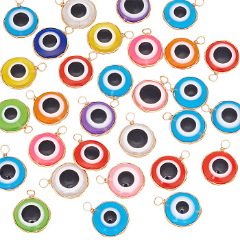 30Pcs Transparent Evil Eye Resin Pendants, with Light Gold Tone Copper Wire Wrapped, Mixed Color, Flat Round Charm, Mixed Color, 28.5~29x21.5~22.5x9mm, Hole: 4~4.5mm