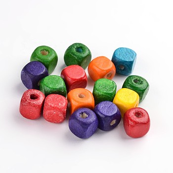 Natural Wood Beads, Cube, Mixed Color, Lead Free, Dyed, 10mm, about 2200pcs/1000g, hole: about 3.5mm