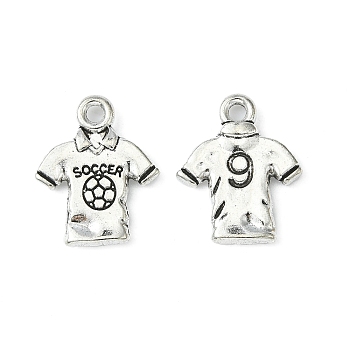 Alloy T-Shirt Pendants, Sports Charms, FootBall/Soccer Ball Jersey Charms, Lead Free and Cadmium Free, Antique Silver, about 18.5mm long, 15mm wide, 2mm thick, hole: 2mm