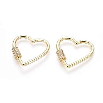 Brass Micro Pave Cubic Zirconia Screw Carabiner Lock Charms, for Necklaces Making, Heart, Golden, Clear, 31x31x3mm