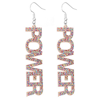 Bling Acrylic Word Power Dangle Earrings, Platinum Plated Iron Feminism Jewelry for Women, Colorful, 90x17x2.5mm