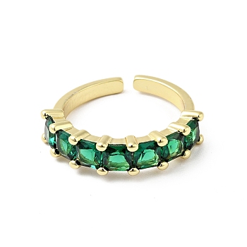 Green Cubic Zirconia Open Cuff Rings, Rack Plating Brass Jewelry for Women, Cadmium Free & Lead Free, Real 18K Gold Plated, 2~5.3mm, Inner Diameter: 17.1mm