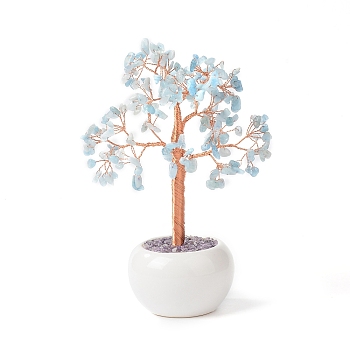 Natural Aquamarine Gemstone Chips with Brass Wrapped Wire Money Tree on Ceramic Vase Display Decorations, for Home Office Decor Good Luck, 120x50.5x190mm
