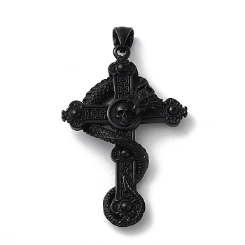 Vacuum Plating 304 Stainless Steel Big Pendants, Cross with Dragon & Skull Charms, Black, 55x36x12mm, Hole: 9x5mm