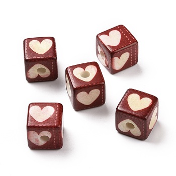 Opaque Printed Acrylic Beads, Cube with Heart Pattern, White, 13.5x13.5x13.5mm, Hole: 3.8mm