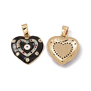 Brass Enamel Pendants, Micro Pave Cubic Zirconia, with Glass Rhinestone, Real 18K Gold Plated, Heart with Evi Eye Charm, Black, 17.5x16x2.5mm, Hole: 5x2mm(KK-E068-VC037)
