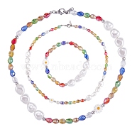 3Pcs Natural Shell & Plastic Pearl Flower & Glass Beaded Necklaces and Stretch Bracelet Set, Jewelry Set for Women, Colorful, 15-3/8~18-1/4 inch(39~46.5cm), Inner Diameter: 2 inch(5.3cm)(SJEW-SW00010-05)