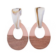 Resin & Wood Stud Earrings, with Acrylic, 304 Stainless Steel Stud Earring Findings and Plastic Ear Nuts, Teardrop, Pink, 56mm, Pin: 0.7mm(EJEW-JE03482-02)