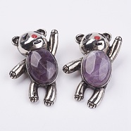 Natural Amethyst Brooch, with Antique Silver Alloy Findings, Bear, 56x42mm(JEWB-K051-A08)