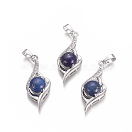 Natural Lapis Lazuli Pendants, with Platinum Tone Brass Findings and Crystal Rhinestone, Flower, Dyed, 37.3x15x9.8mm, Hole: 7x4.5mm(G-L512-G10)