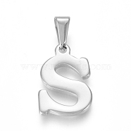 304 Stainless Steel Pendants, Stainless Steel Color, Initial Letter.S, 20x13x1.8mm, Hole: 3x7mm(STAS-F106-95P-S-01)