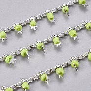 Handmade Glass Beaded Chains, with Brass Side Twisted Chains Curb Chains, with Spool, Long-Lasting Plated, Soldered, Star, Real Platinum Plated, Yellow Green, 3x1.5x0.7mm, about 32.8 Feet(10m)/roll(CHC-E019-09H-P)