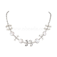 Flat Round Pearl with Bowknot Alloy Link Necklaces, Platinum, 20.08 inch(51cm)(NJEW-JN04812)