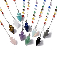 Mixed Gemstone Cone Dowsing Pendulum Pendants, with Chakra Gemstone Round Beads, Rack Plating Platinum Tone Brass Findings & Chains, 235mm(G-G983-04P)