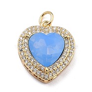 Eco-Friendly Brass Micro Pave Cubic Zirconia Pendants, with Faceted Glass & Jump Ring, Real 18K Gold Plated, Long-Lasting Plated, Heart, Cornflower Blue, 19x16.5x6.5mm, Jump Ring: 5x0.7mm, Inner Diameter: 3.6mm(ZIRC-H122-03G-04)