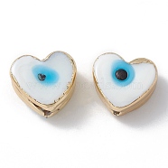 Brass Beads, with Enamel, Real 18K Gold Plated, Heart with Evil Eye, White, 14.5x16x7mm, Hole: 1.6mm(KK-A176-06G-04)