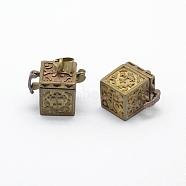 Brass Prayer Box Pendants, Lead Free & Cadmium Free & Nickel Free, Cube, Raw(Unplated), 19x19x12mm, Hole: 4x6mm; Inner: 9x9mm(KK-F722-20C-RS)
