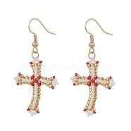 Japanese Seed Braided Cross Dangle Earrings, Golden Brass Jewelry for Women, Red, 52mm, Pin: 0.7mm(EJEW-MZ00040)