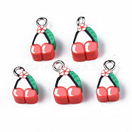 Handmade Polymer Clay Charms, with Platinum Plated Iron Loop, Imitation Food, Cherry, Orange Red, 12~15x7~9x5mm, Hole: 1.8mm(CLAY-N006-44)