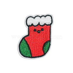 Christmas Theme Computerized Embroidery Cloth Self Adhesive Patches, Stick On Patch, Costume Accessories, Appliques, Christmas Socking, 43x32mm(XMAS-PW0001-095Q)