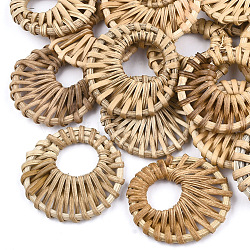 Handmade Reed Cane/Rattan Woven Pendants, For Making Straw Earrings and Necklaces, Flat Round, BurlyWood, 38~48x5mm, Hole: 16~20mm(WOVE-T005-09A)