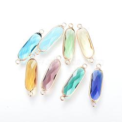 Glass Links connectors, with Brass Findings, Faceted, Oval, Mixed Color, 31.5x8.5x4.5mm, Hole: 2.5mm(GLAA-S125-M)
