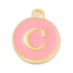 Golden Plated Alloy Enamel Charms, Enamelled Sequins, Flat Round with Alphabet, Letter.C, Pink, 14x12x2mm, Hole: 1.5mm(ENAM-Q437-14C)