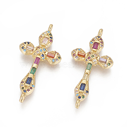 Brass Micro Pave Cubic Zirconia Links, Cross, Colorful, Golden, 32.5x15.5x3.5mm, Hole: 1.2mm(ZIRC-O034-16G)