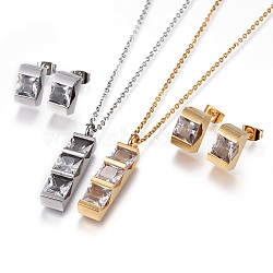 304 Stainless Steel Jewelry Sets, Pendant Necklaces and Stud Earrings, with Glass, Rectangle, Clear, 17.5~17.9inches(44.5~45.5cm); 1.5mm; 12x7x7mm; Pin: 0.6mm(SJEW-F204-07C)