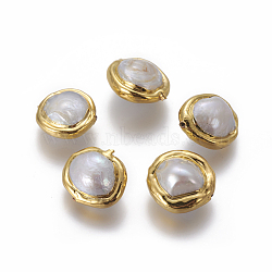 Natural Cultured Freshwater Pearl Beads, with Brass Findings, Nuggets, White, Golden, 16~20x15~17x8~11mm, Hole: 0.8mm(PEAR-F011-51G)