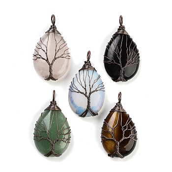 Mixed Gemstone Copper Wire Wrapped Tree Pendants, Teardrop Charms, Red Copper, 45.5~47.5x25.5x12.5mm, Hole: 4.5x5mm